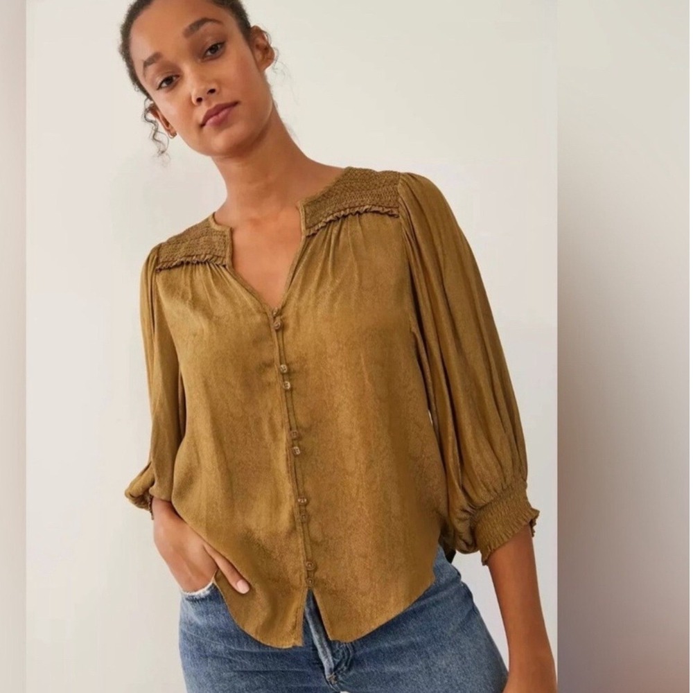 Anthropologie Olive Green Snakeskin Jacquard Smocked Balloon Sleeve Blouse SP